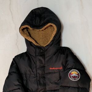 Weatherproof Black Puffer Jacket with Tan Lining